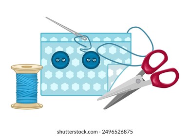 Fabric, button, scissor and spool for thread isolated on white background. Tailors set. Sewing supplies for handmade. Needlework tools. Symbol for sewing salon or seamstress. Stock vector illustration