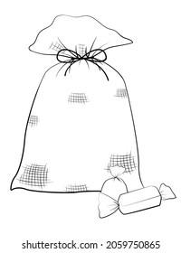 Fabric candy sack package isolated on white. Vector monochrome black line illustration.