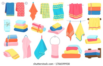 Fabric cartoon towels. Bath, kitchen, rolled and hanging towels. Cotton fluffy bathroom textile vector illustration icons set. Towel cotton bathroom, textile fabric hotel and beach