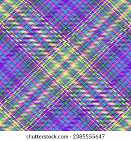 Fabric check background of textile seamless vector with a tartan plaid texture pattern in purple and green colors.