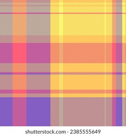 Fabric check background of textile seamless tartan with a pattern vector texture plaid in amber and violet colors.