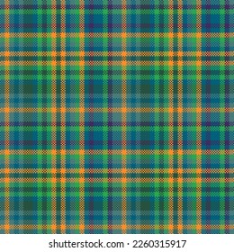 Fabric check plaid. Tartan seamless textile. Background pattern vector texture in green and orange colors.