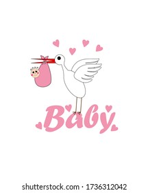 Fabric for children. Stork with a child in a bag on a white background. Template. Children's illustration.