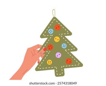 Fabric Christmas Tree. Female hand holding homemade rustic decoration. Zero waste concept. Alternative holiday decoration. Vector illustration in flat cartoon style.