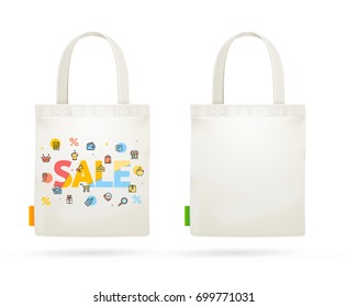 Fabric Cloth Bag Tote for Sale Concept Seasonal Discount Percentage Element Ecology Marketing. Vector illustration of two bags