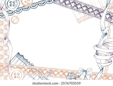 Fabric cloth, wooden buttons ribbon lace braid, indigo beige ochre, sewing craft supplies. Hand drawn ink vector illustration. Frame isolated on white background. Design atelier, tailor, hobby shop