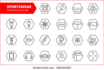 Fabric and clothes feature line icons. Linear wear labels. Elements - waterproof, uv protection, breathable fiber and more. Textile industry pictograms for garments. Ski garments, sportswear