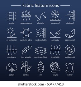 Fabric and clothes feature line icons. Linear wear labels. Elements - cotton, wool, waterproof, uv protection, breathable fiber and more. Textile industry pictograms for garments.