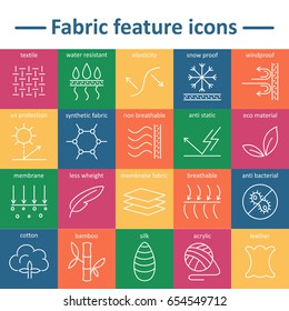 Fabric and clothes feature line icons. Linear wear labels. Elements - cotton, wool, waterproof, uv protection, breathable fiber and more. Textile industry pictograms with editable stroke for garments.