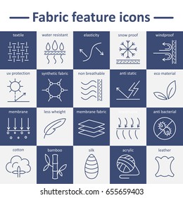 Fabric and clothes feature line icons. Linear wear labels. Elements - cotton, wool, waterproof, uv protection, breathable fiber and more. Textile industry pictograms  stroke for garments.