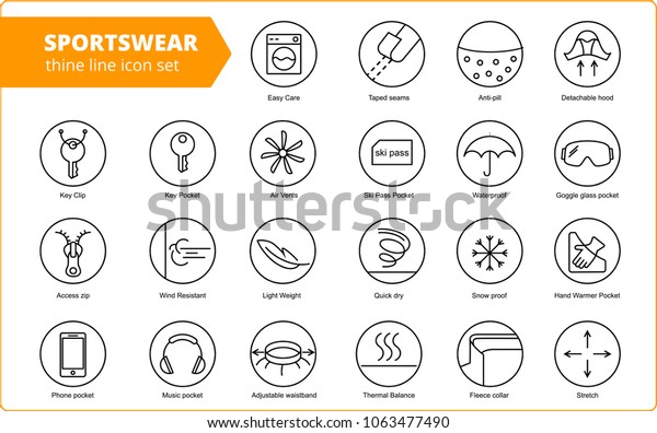 Fabric and clothes feature line icons. Linear\
wear labels. Elements - waterproof, uv protection, breathable fiber\
and more. Textile industry pictograms for garments. Ski garments,\
sportswear