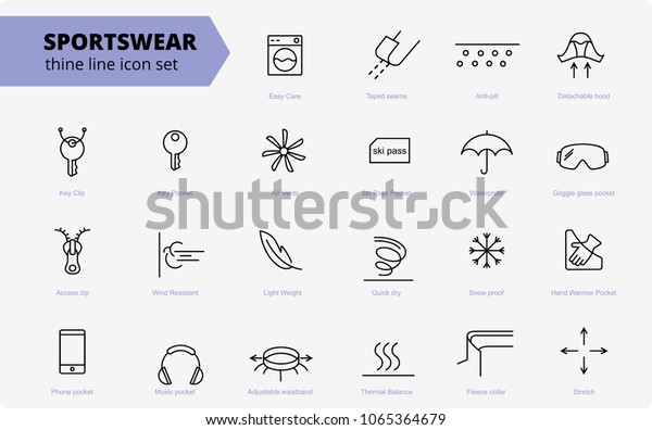 Fabric and clothes feature line icons. Linear\
wear labels. Elements - waterproof, uv protection, breathable fiber\
and more. Textile industry pictograms for garments. Ski garments,\
sportswear