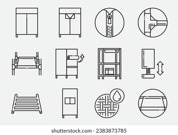 Fabric clothes wardrobe line icon set with hanging rack, fabric cover,structure and many benefits.