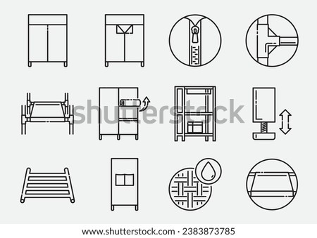 Fabric clothes wardrobe line icon set with hanging rack, fabric cover,structure and many benefits.