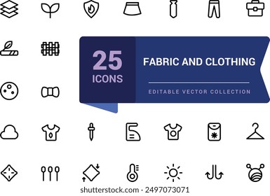 Fabric And Clothing icon collection. Set of line icons related to fashion, sewing, clothing. Minimalist thin linear web ui icon set. Simple editable vector stroke illustration.