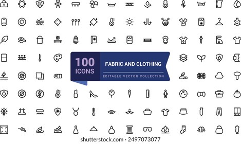 Fabric And Clothing icon collection. Set of line icons related to fashion, sewing, clothing. Minimalist thin linear web ui icon set. Simple editable vector stroke illustration.