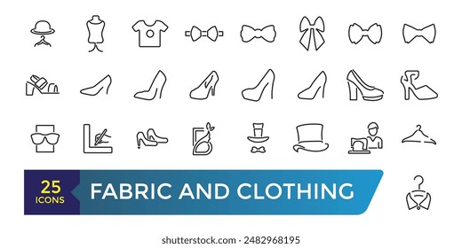 Fabric and Clothing icon set. Such as textile, wool, fur, corduroy, cotton, and more. Collection and pack of linear web and ui icons. Editable stroke. Vector illustration