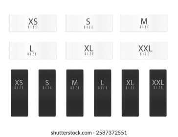 Fabric clothing size labels and tags templates, realistic vector illustration isolated on white background. Set of black and white textile clothing labels.