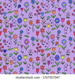 farbiges, nahtloses Muster mit Pflanzen und Blumen, Vektorgrafik