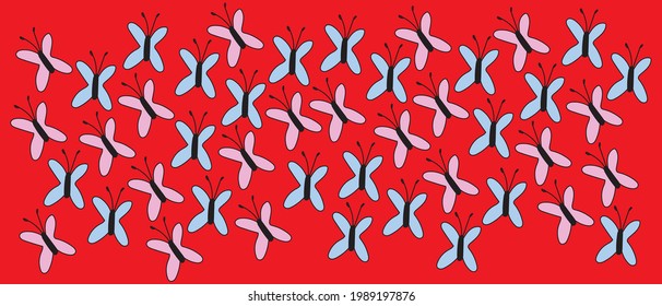 Diseño de patrones de naturaleza colorido de tejido. Mariposas vectoras volando. Ilustración veraniega. Colección de formas dibujadas a mano con dibujos animados de estilo moderno. decoración de pared, postal, esbozo de diseño de portada de folletos.