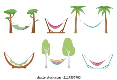 Fabric and comfortable hammocks hanging between trees, flat vector illustration isolated on white background. Set of outdoor garden furniture for relaxation.