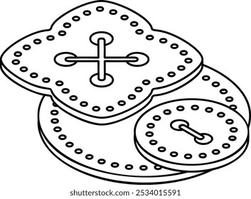 Fabric covered buttons stack isometric outline concept, two and four holes stud for mens shirt vector icon, custom tailoring symbol, Made-to-measure clothing sign,Sewist materials stock illustration
