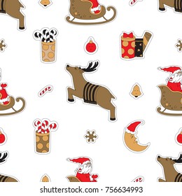 Fabric decoration for Christmas. Santa Claus, deer, gifts and moon vector illustration. Seamless pattern background