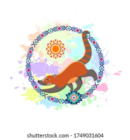 Fabric design. Coati or Coatimundis or Nasua Narika on a white background with watercolor splashes. Ornament of South America. Background for wearing fashionable clothes. Vector illustration