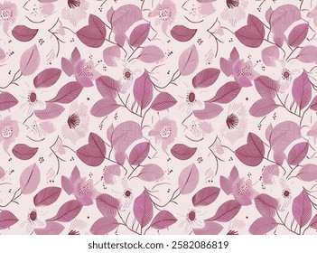 It is a fabric design with a floral motif, predominantly in lilac and pink hues. This pattern could be suitable for clothing or as wrapping paper, showcasing a charming and vibrant aesthetic.