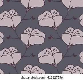 Fabric design flower gray.Hand drawn with ink seamless background.Floral textile pattern.