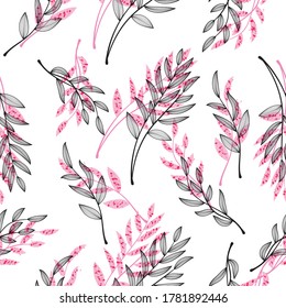 diseño de tejido repetido patrón floral, patrón sin fisuras. hojas rosadas, negras con fondo blanco ilustraciones vectoriales textiles. diseño de color agua.