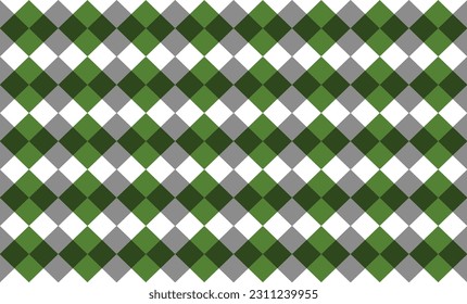 Fabric diamond repeating texture on green background. Classic argyle green and gray checkered ornament, green repeat seamless diamond pattern design for fabric printing