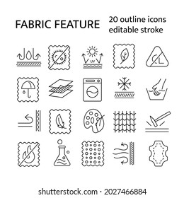 Fabric diversity properties outline icons set. Textile industry. Easy care, moth protection. Customizable linear contour symbols collection. Editable stroke. Isolated vector stock illustration