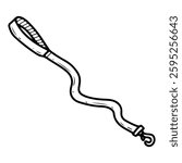 Fabric dog leash. Hand drawn doodle. Walking a pet. Animal accessory. Textile rope with a carabiner. Leather belt. Vector line art illustration.
