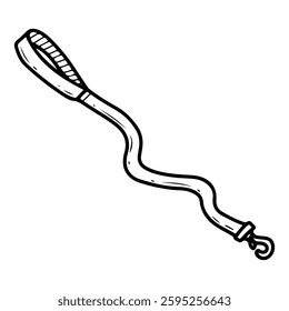 Fabric dog leash. Hand drawn doodle. Walking a pet. Animal accessory. Textile rope with a carabiner. Leather belt. Vector line art illustration.
