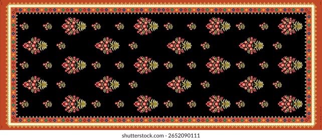 Tecido dupatta padrão com bordado Ikat ponto-cruz com uma borda decorativa