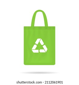 Fabric eco bag. Recycle and reusable ecobag. Canvas bag for shopping. Green ecobag. Green cotton tote bag with white recycle icon. Vector illustration.