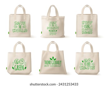 Bolsas ecológicas de tela. Bolso de compras de yute con impresión de eslogan verde ecología, tela de algodón reutilizable bolso de tótem realista de reciclaje de lienzo natural set textil ilustración vectorial de bolso de tela ecológica