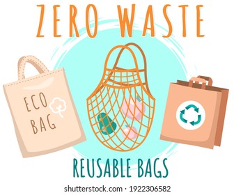 Fabric eco-friendly reusable bag with products. Zero waste collection. Eco concept, no plastic. Ecological style save planet, use safe packaging. Waste management idea, appeal for nature protection
