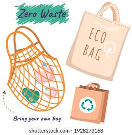 Fabric eco-friendly reusable bag with products. Zero waste collection. Eco concept, no plastic. Ecological style save planet, use safe packaging. Waste management idea, appeal for nature protection