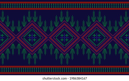 Fabric ethnic and multiple geometric pattern in red blue and green color for textile cloth and other