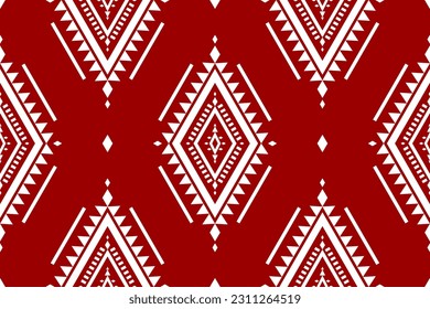 Fabric ethnic red pattern art. Geometric seamless pattern in tribal. American and Mexican style. Design for background, Vector illustration, fabric, clothing, carpet, batik, embroidery.