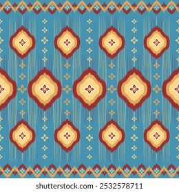 Fabric ethnic tribal pattern art. Seamless pattern ikat style. Design for background, wallpaper, illustration, fabric, clothing, carpet, textile, batik, embroidery, vector, wall hanging, bedspread.