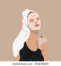 Fabric face mask, cosmetic skin care. Cute young woman holding coffee in her hand.Everyday personal care, skincare daily routine, hygienic procedure. Flat cartoon colorful vector illustration.