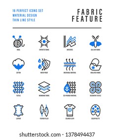 Fabric feather thin line icons set. Symbols of wool, synthetic, silk, antistatic, waterproof, leather, feather filler, eco-friendly, breatheable material. Vector illustration.