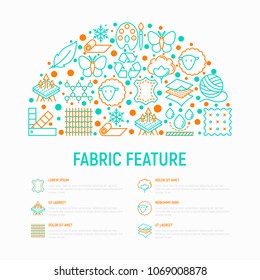 Fabric feature concept in half circle with thin line icons: leather, textile, cotton, wool, waterproof, acrylic, silk, eco-friendly material, breathable. Modern vector illustration, web page template
