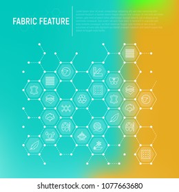 Fabric feature concept in honeycombs with thin line icons: leather, textile, cotton, wool, waterproof, acrylic, silk, eco-friendly material, breathable material. Modern vector illustration for banner.