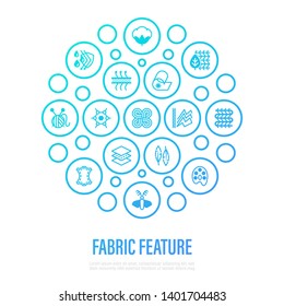 Fabric feature concept. Thin line icons in circle shape: wool, synthetic, silk, antistatic, waterproof, leather, feather filler, eco-friendly, breatheable material. Vector illustration.
