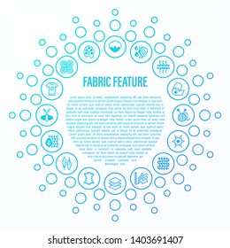Fabric feature concept. Thin line icons in circle shape: wool, synthetic, silk, antistatic, waterproof, leather, feather filler, eco-friendly, breatheable material. Vector illustration.