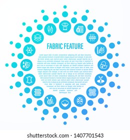 Fabric feature concept. Thin line icons in circle shape: wool, synthetic, silk, antistatic, waterproof, leather, feather filler, eco-friendly, breatheable material. Vector illustration.